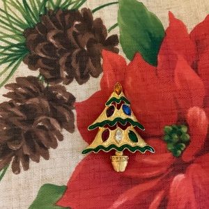 VTG Enamel Rhinestone Christmas Tree Brooch Pin Gold Tone Multicolored Stones